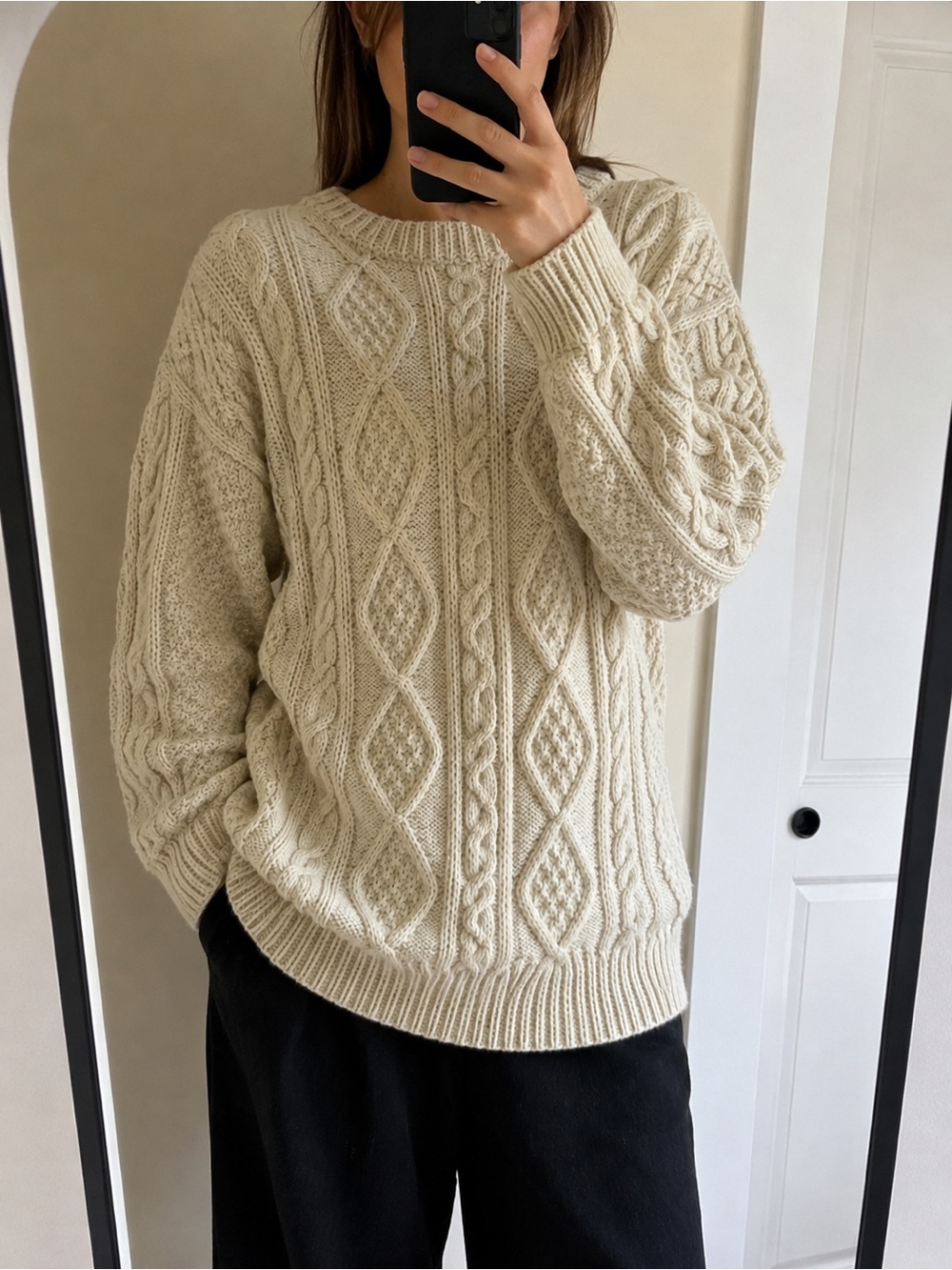 🌸 Vintage Handmade 100% Wool Aran Fisherman Sweater Unisex L XL Cream